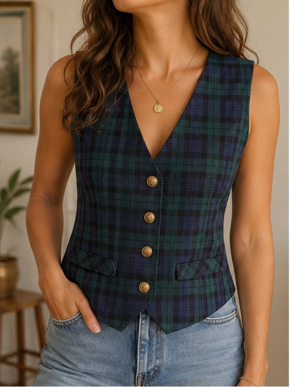 Vintage Classic Plaid Green and Navy Lined Jacket - Navy with Gold Buttons